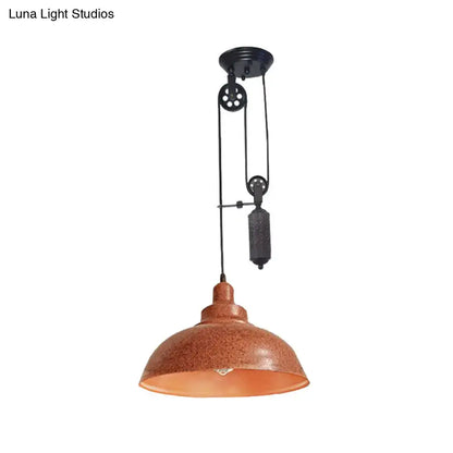 Rustic industrial copper dome pendant with pulley living room light
