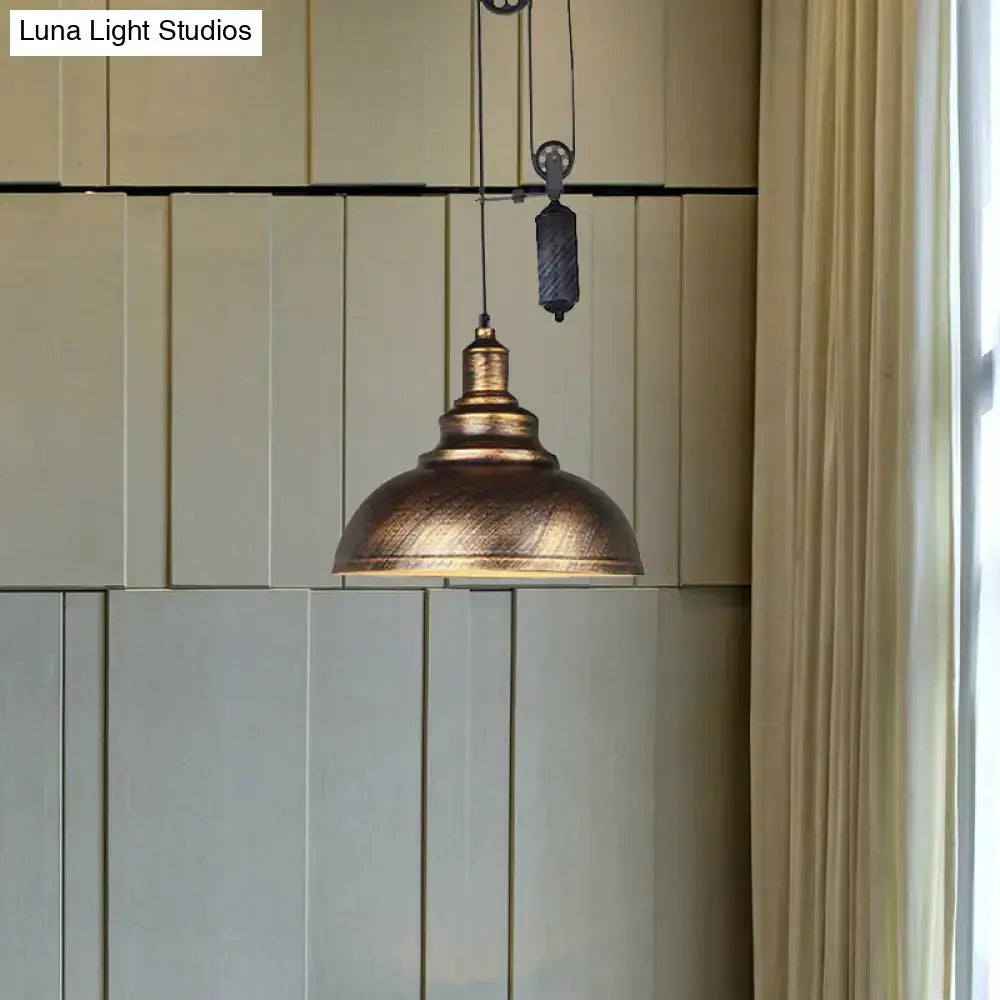 Rustic industrial copper dome pendant with pulley living room light