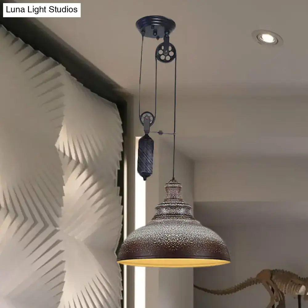 Rustic industrial copper dome pendant with pulley living room light