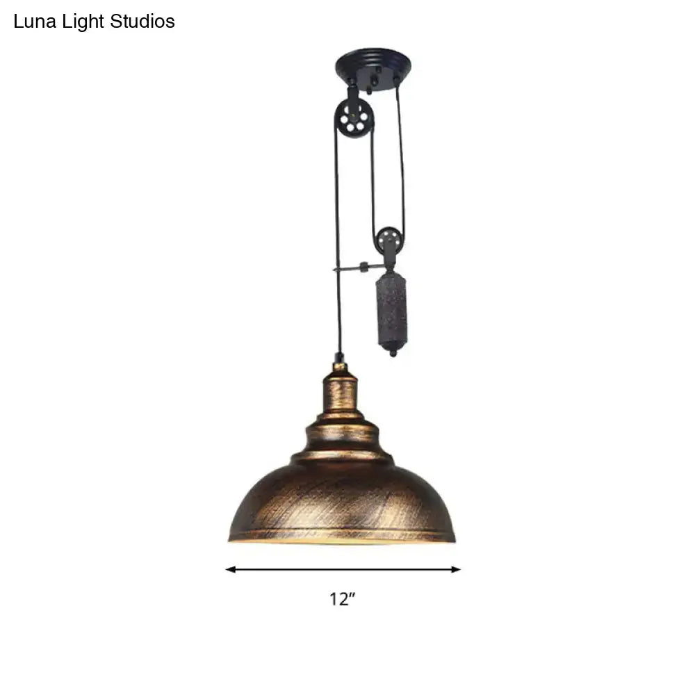 Rustic industrial copper dome pendant with pulley living room light