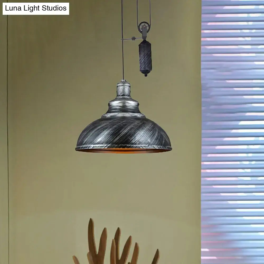 Rustic industrial copper dome pendant with pulley living room light
