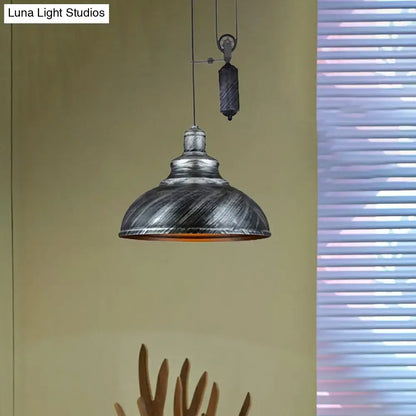 Rustic industrial copper dome pendant with pulley living room light