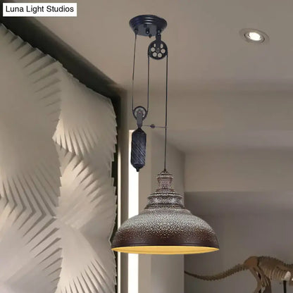 Rustic industrial copper dome pendant with pulley living room light