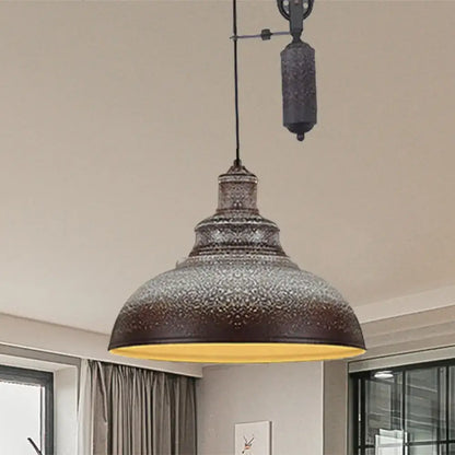 Rustic industrial copper dome pendant with pulley living room light