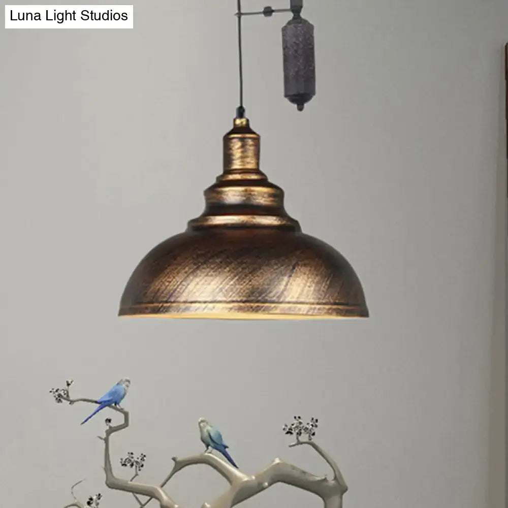 Rustic industrial copper dome pendant with pulley living room light