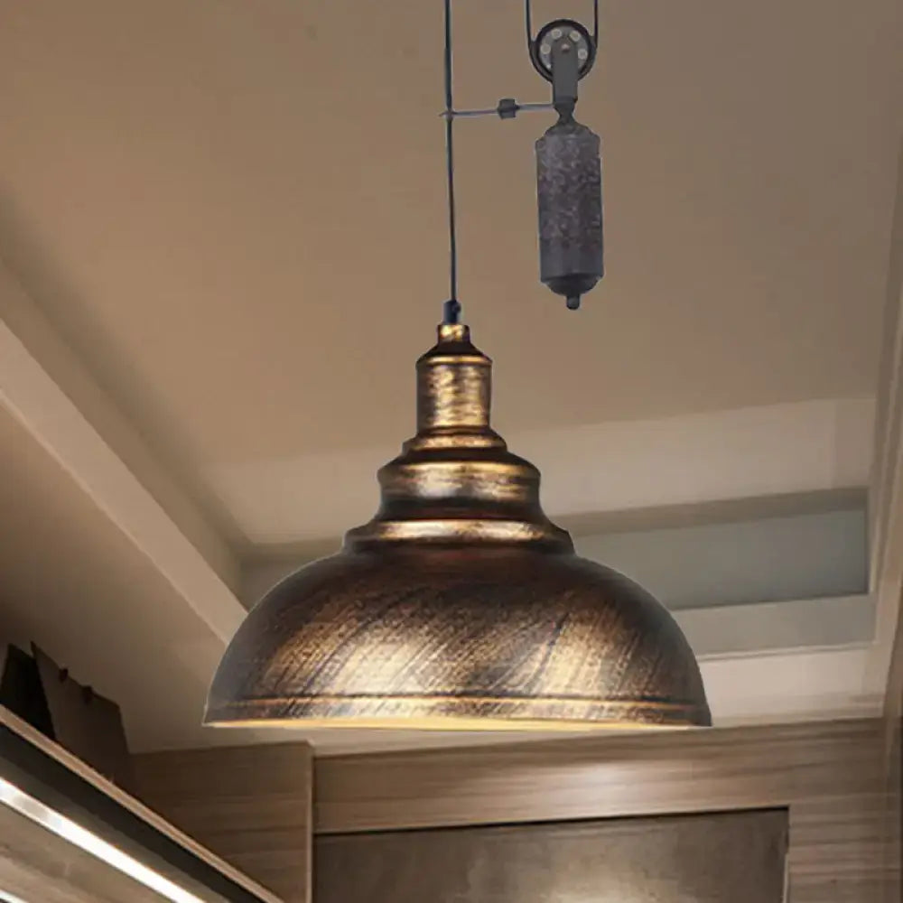 Rustic industrial copper dome pendant with pulley living room light