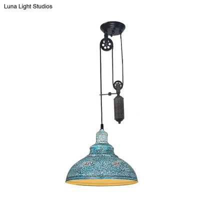Rustic industrial copper dome pendant with pulley living room light