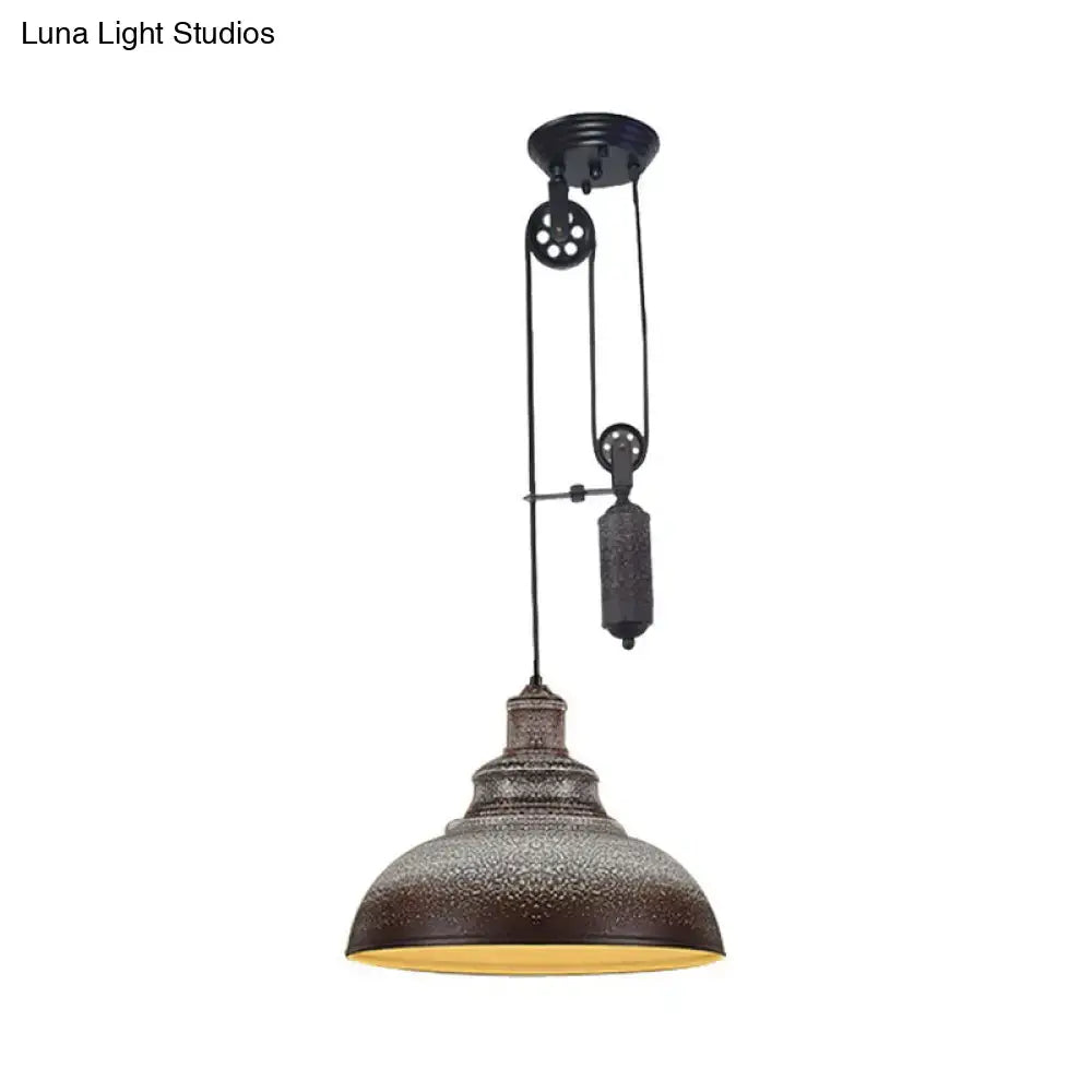 Rustic industrial copper dome pendant with pulley living room light