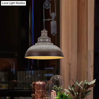 Rustic industrial copper dome pendant with pulley living room light