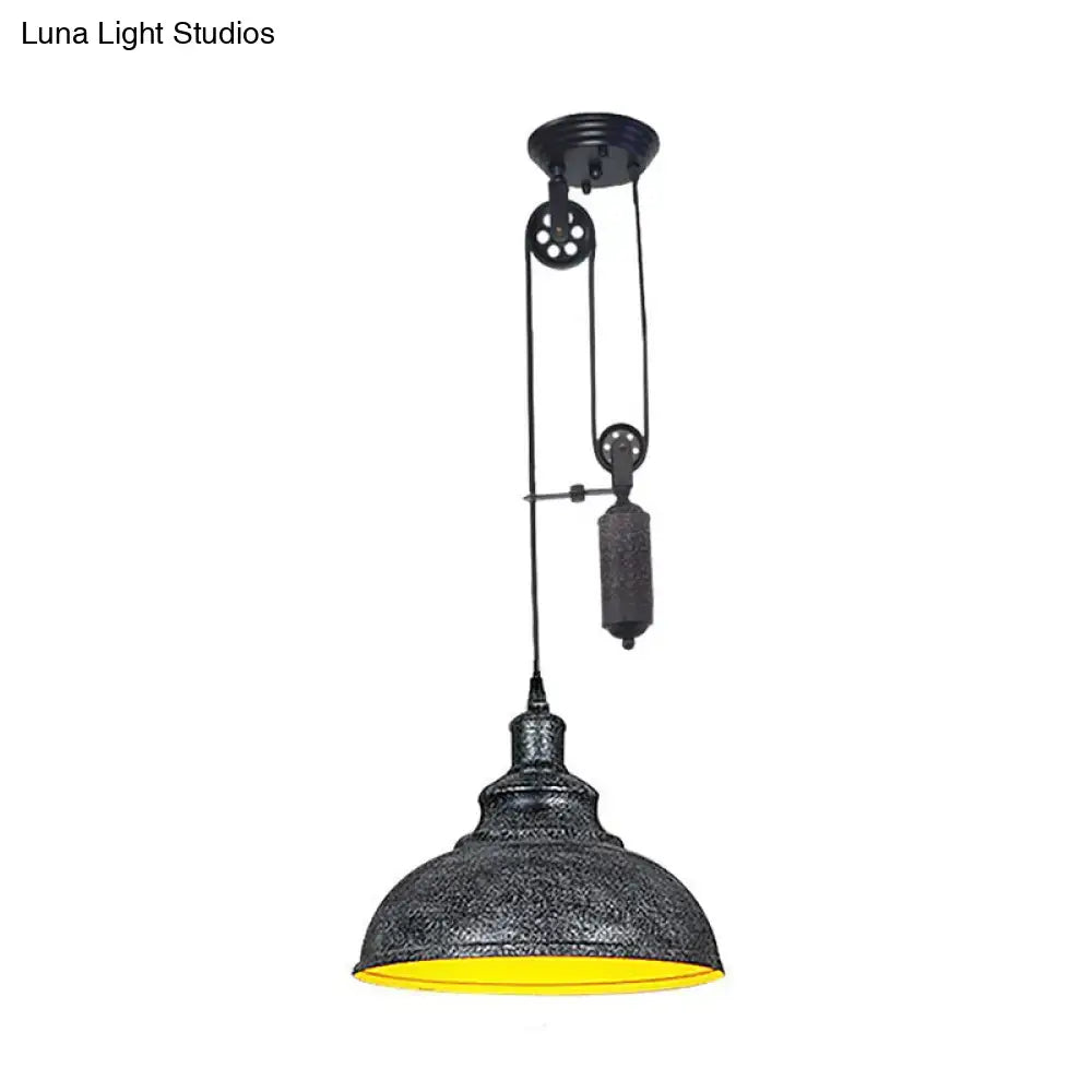 Rustic industrial copper dome pendant with pulley living room light