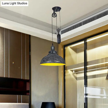 Rustic industrial copper dome pendant with pulley living room light