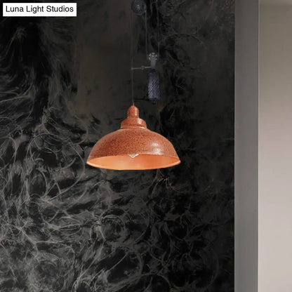 Rustic industrial copper dome pendant with pulley living room light