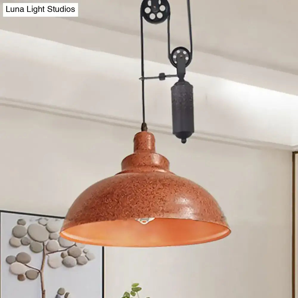 Rustic industrial copper dome pendant with pulley living room light