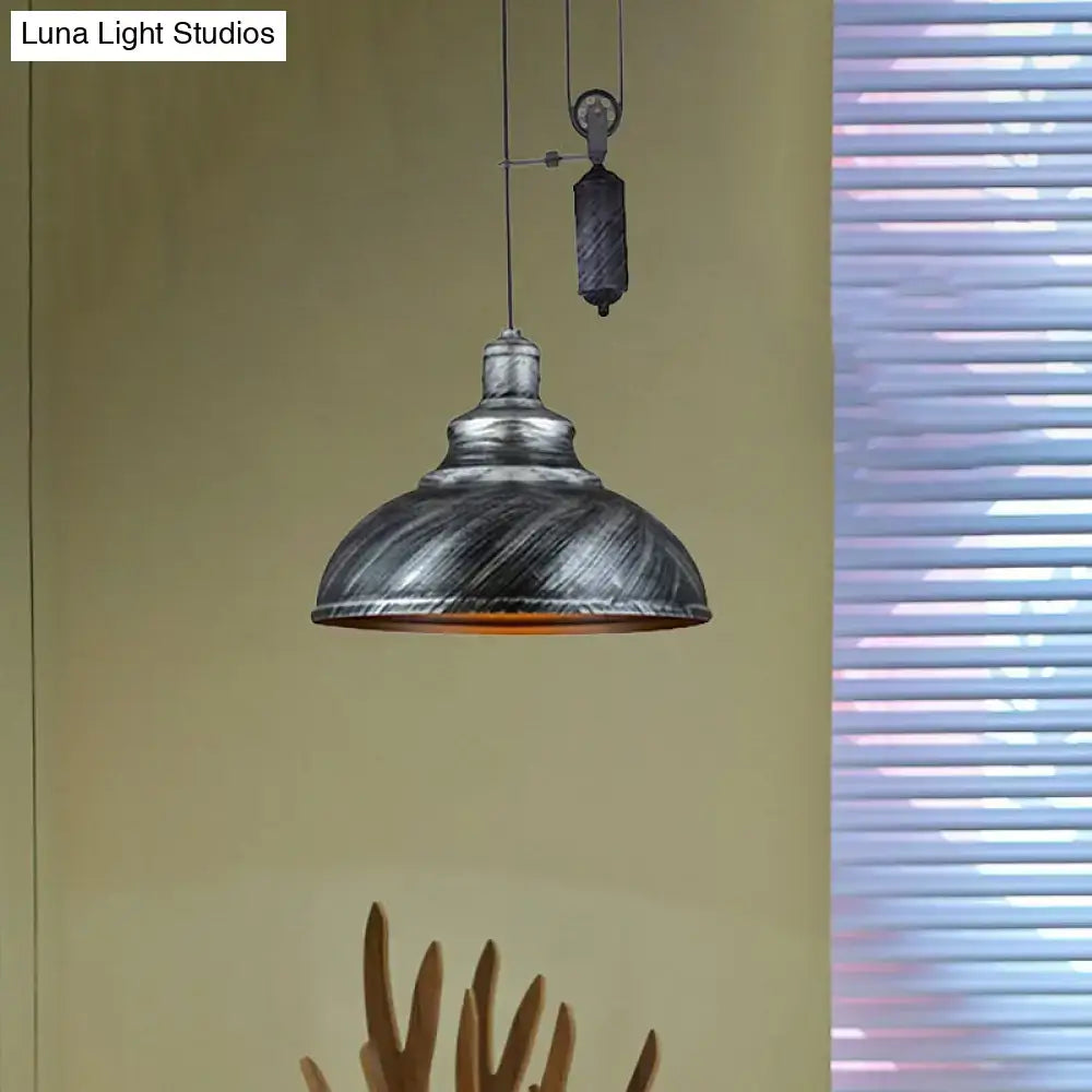 Rustic industrial copper dome pendant with pulley living room light