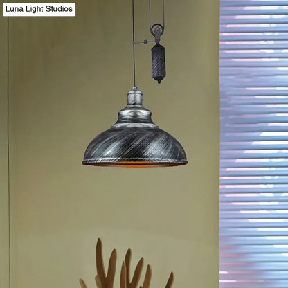 Rustic industrial copper dome pendant with pulley living room light