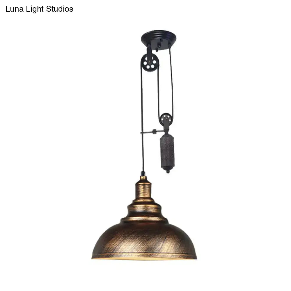 Rustic industrial copper dome pendant with pulley living room light
