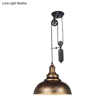 Rustic industrial copper dome pendant with pulley living room light