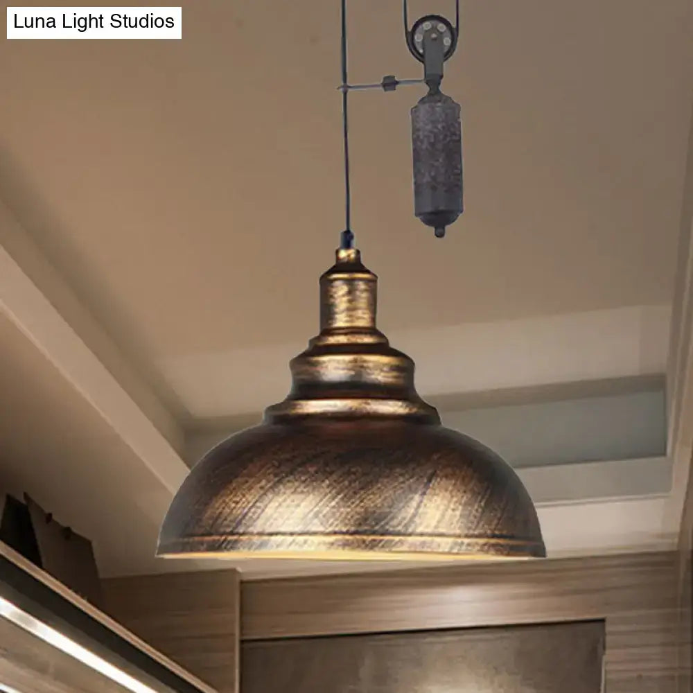 Rustic industrial copper dome pendant with pulley living room light