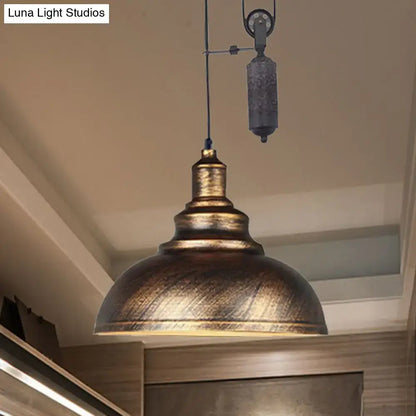 Rustic industrial copper dome pendant with pulley living room light