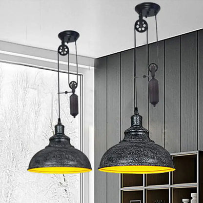Rustic industrial copper dome pendant with pulley living room light
