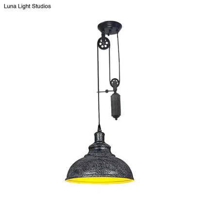 Rustic industrial copper dome pendant with pulley living room light