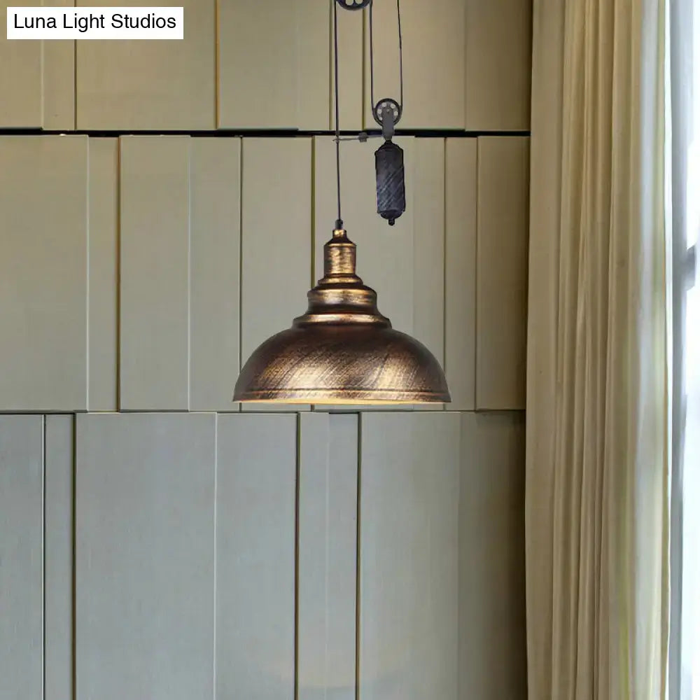 Rustic industrial copper dome pendant with pulley living room light
