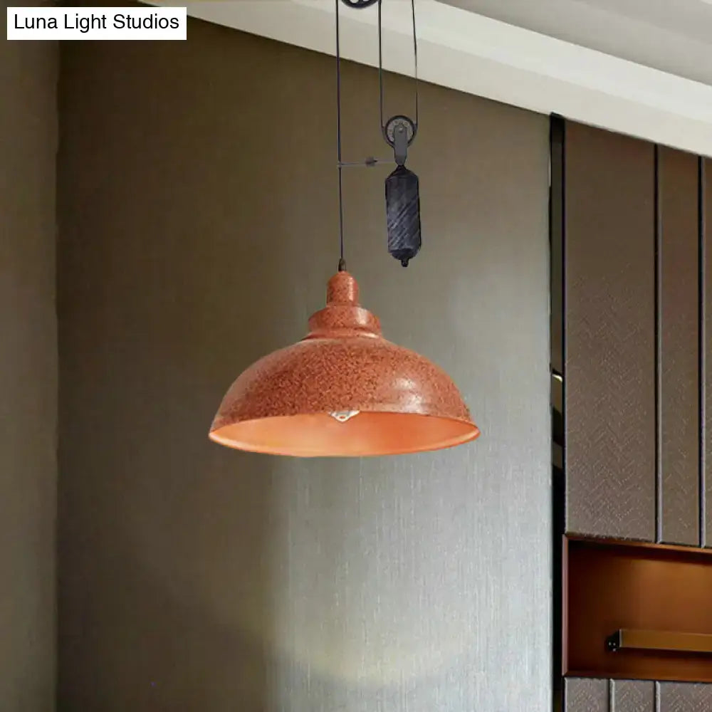 Rustic industrial copper dome pendant with pulley living room light