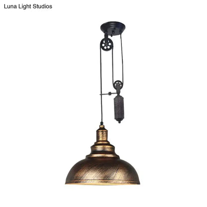 Rustic industrial copper dome pendant with pulley living room light