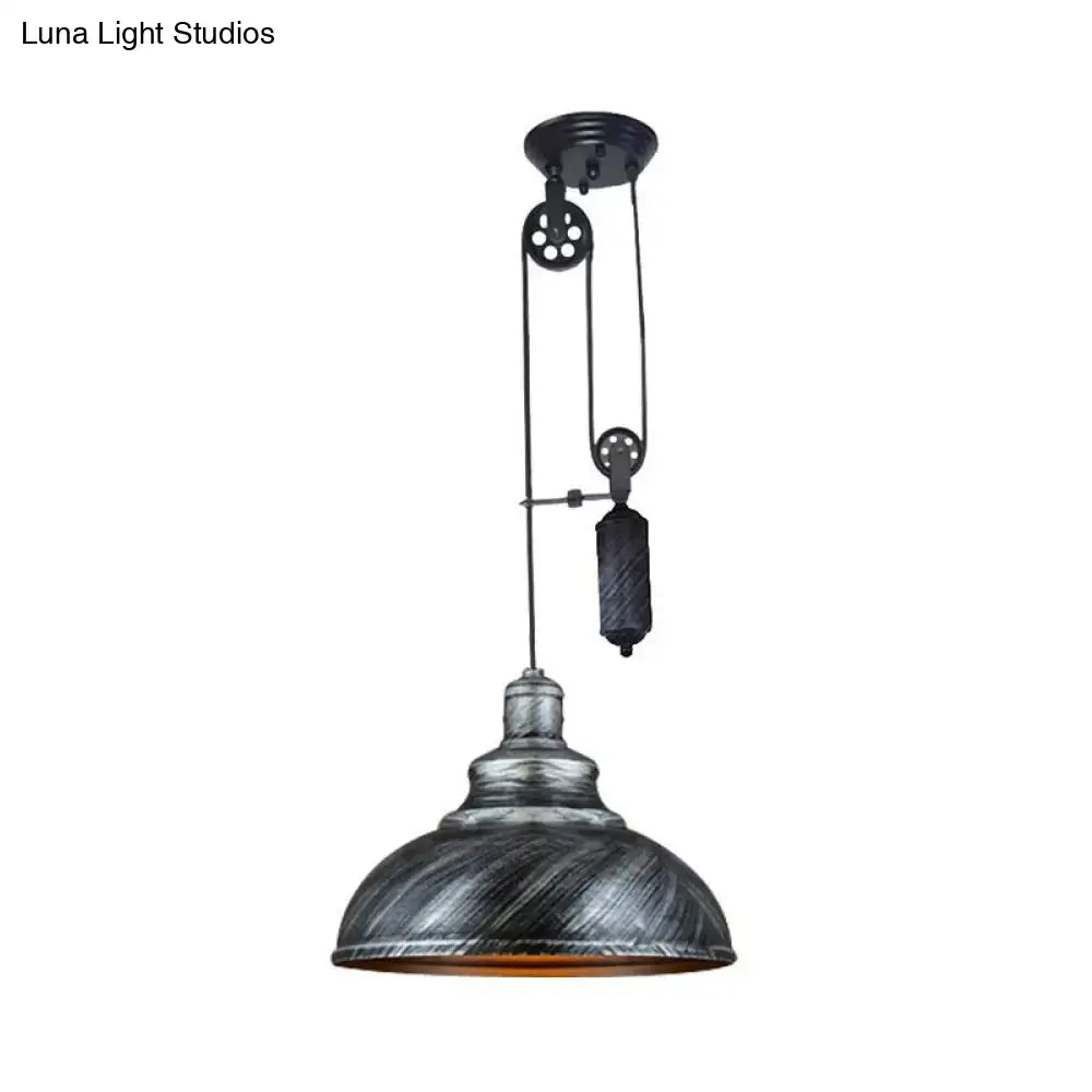 Rustic industrial copper dome pendant with pulley living room light