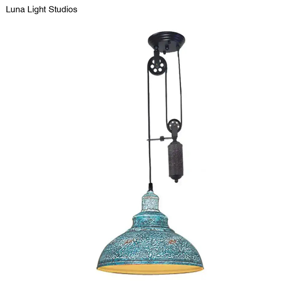Rustic industrial copper dome pendant with pulley living room light