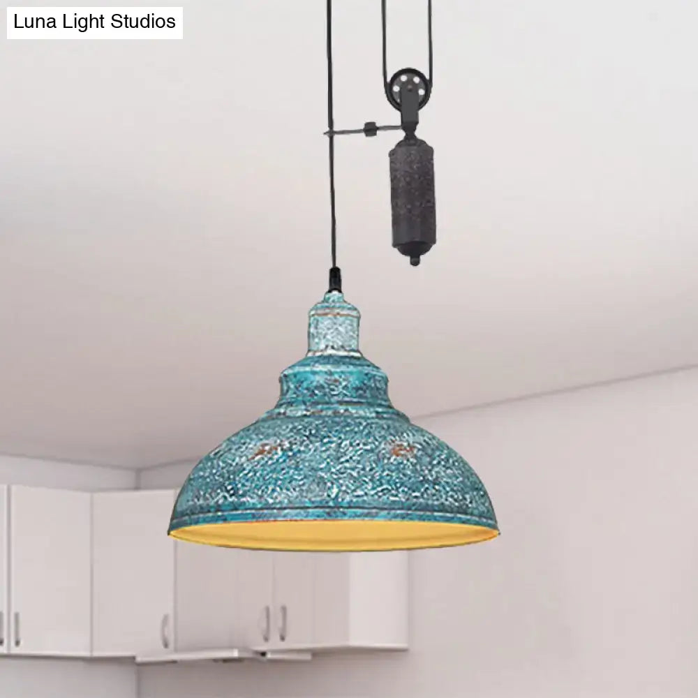 Rustic industrial copper dome pendant with pulley living room light