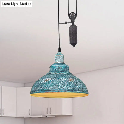 Rustic industrial copper dome pendant with pulley living room light