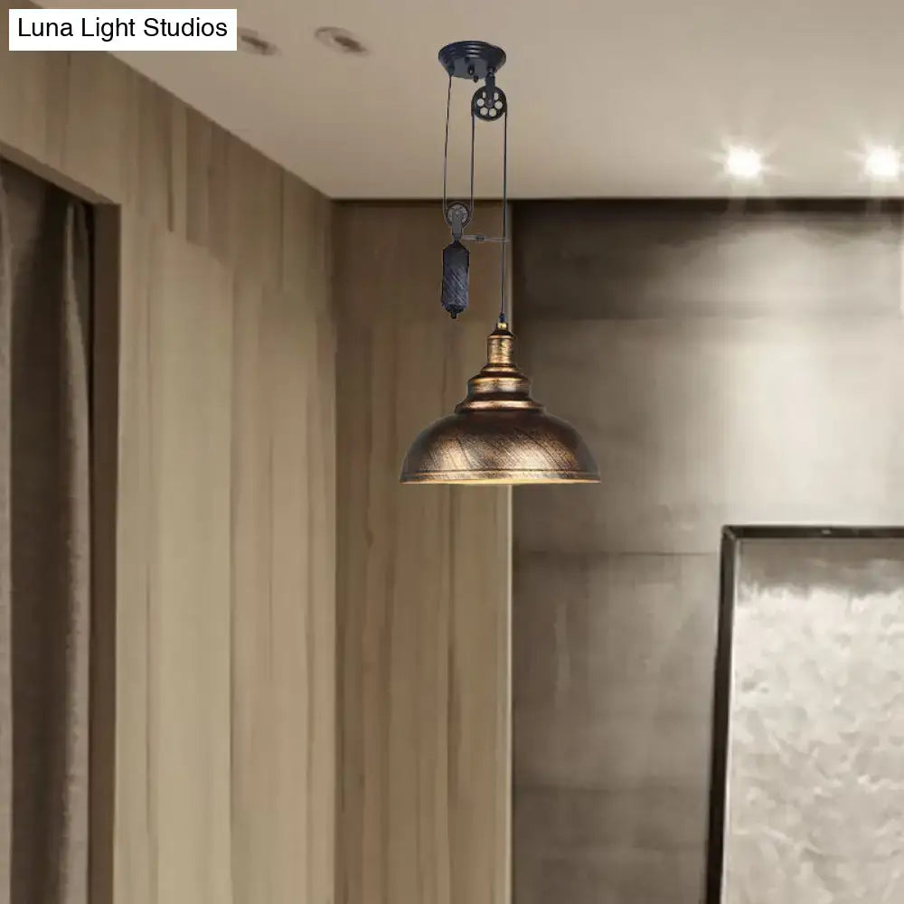Rustic industrial copper dome pendant with pulley living room light