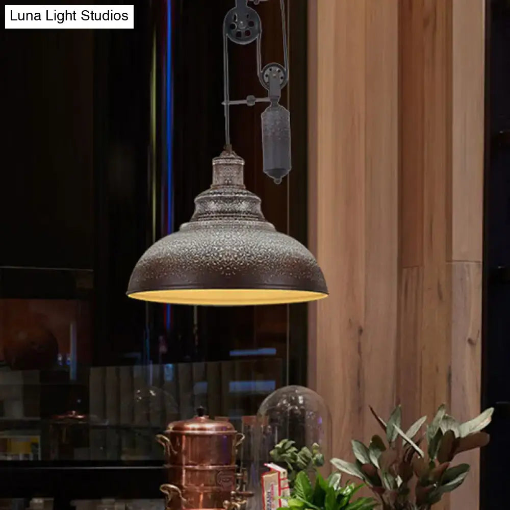 Rustic industrial copper dome pendant with pulley living room light