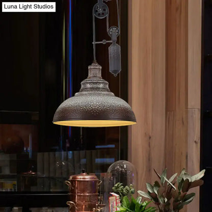 Rustic industrial copper dome pendant with pulley living room light