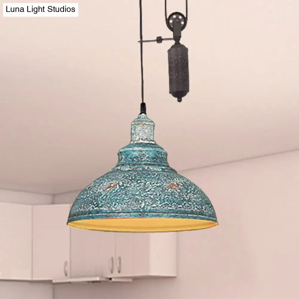Rustic industrial copper dome pendant with pulley living room light
