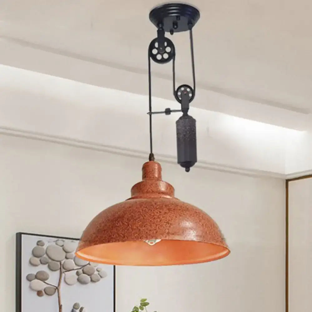Rustic industrial copper dome pendant with pulley living room light