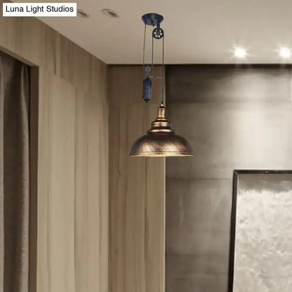 Rustic industrial copper dome pendant with pulley living room light