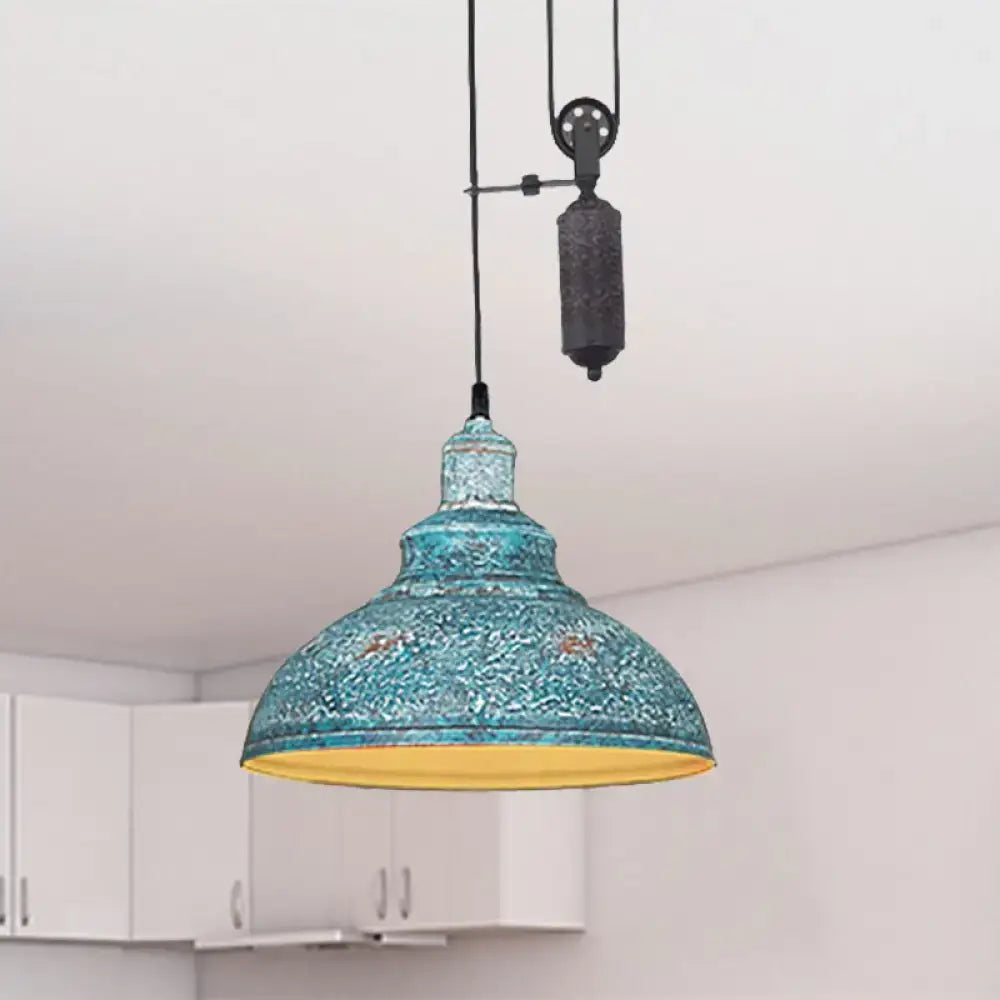 Rustic industrial copper dome pendant with pulley living room light