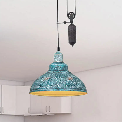 Rustic industrial copper dome pendant with pulley living room light