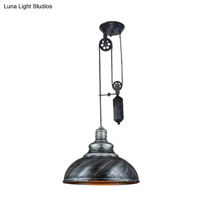 Rustic industrial copper dome pendant with pulley living room light