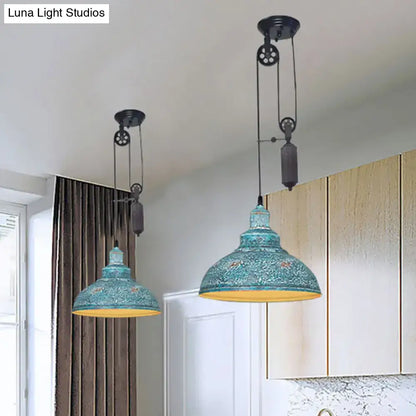 Rustic industrial copper dome pendant with pulley living room light