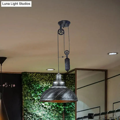 Rustic industrial copper dome pendant with pulley living room light