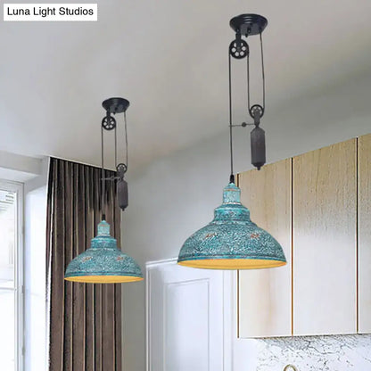 Rustic industrial copper dome pendant with pulley living room light