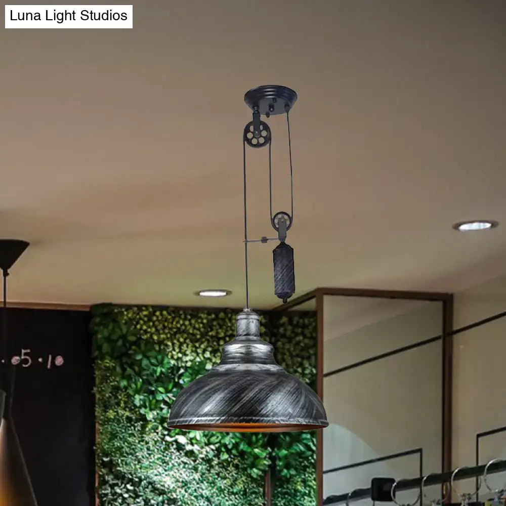 Rustic industrial copper dome pendant with pulley living room light