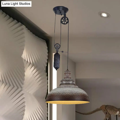 DecorBites™ Rustic Industrial Dome Pendant Lamp with Pulley - 1 Light Metal Fixture in Brown/Grey for Living Room Lighting