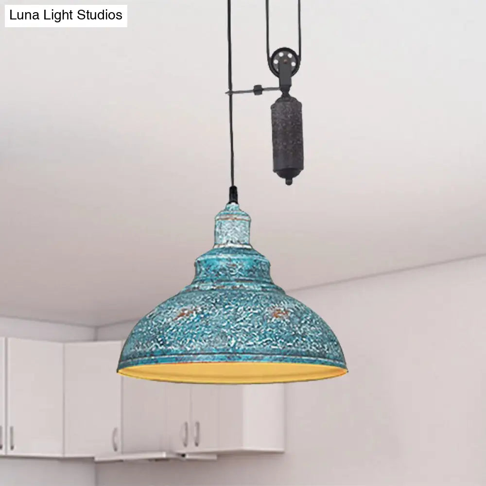 DecorBites™ Rustic Industrial Dome Pendant Lamp with Pulley - 1 Light Metal Fixture in Brown/Grey for Living Room Lighting