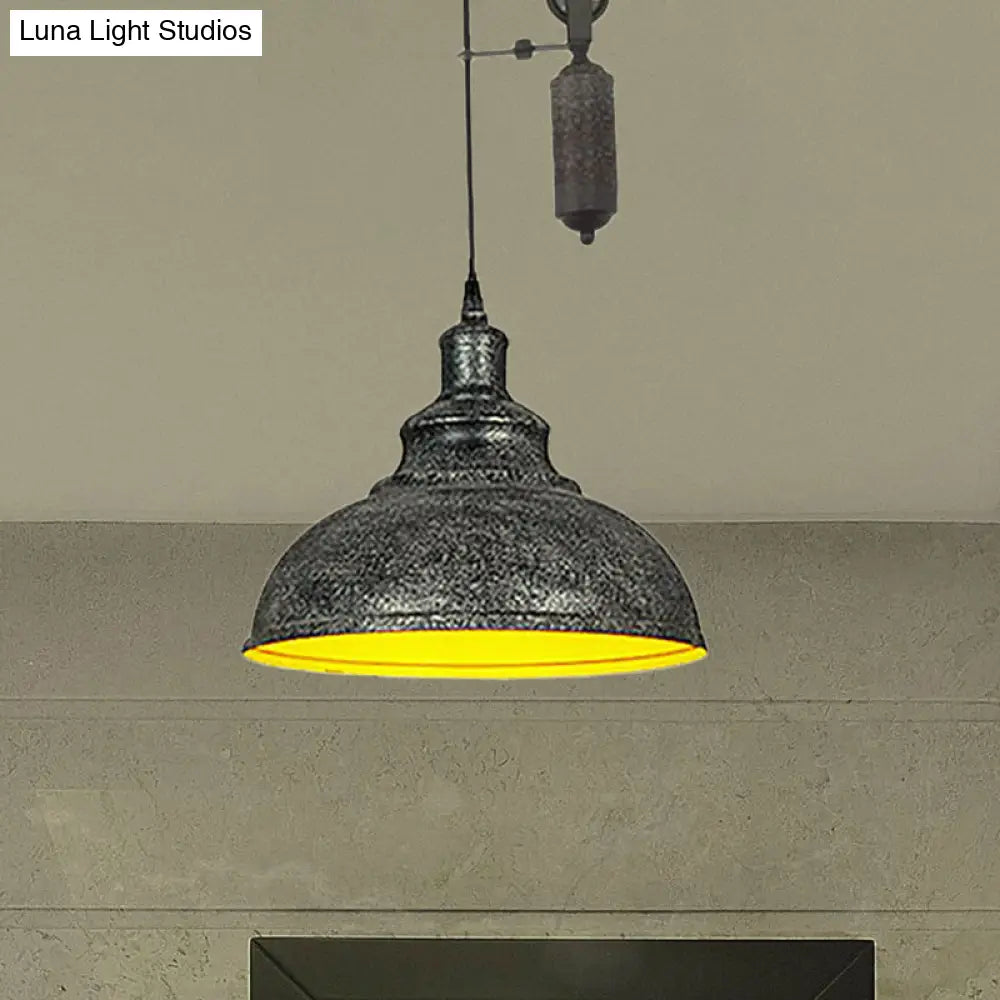 DecorBites™ Rustic Industrial Dome Pendant Lamp with Pulley - 1 Light Metal Fixture in Brown/Grey for Living Room Lighting