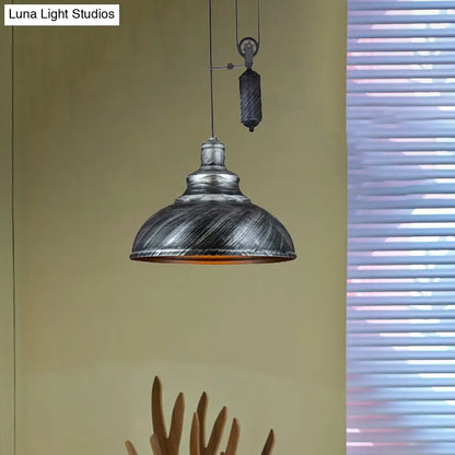 DecorBites™ Rustic Industrial Dome Pendant Lamp with Pulley - 1 Light Metal Fixture in Brown/Grey for Living Room Lighting