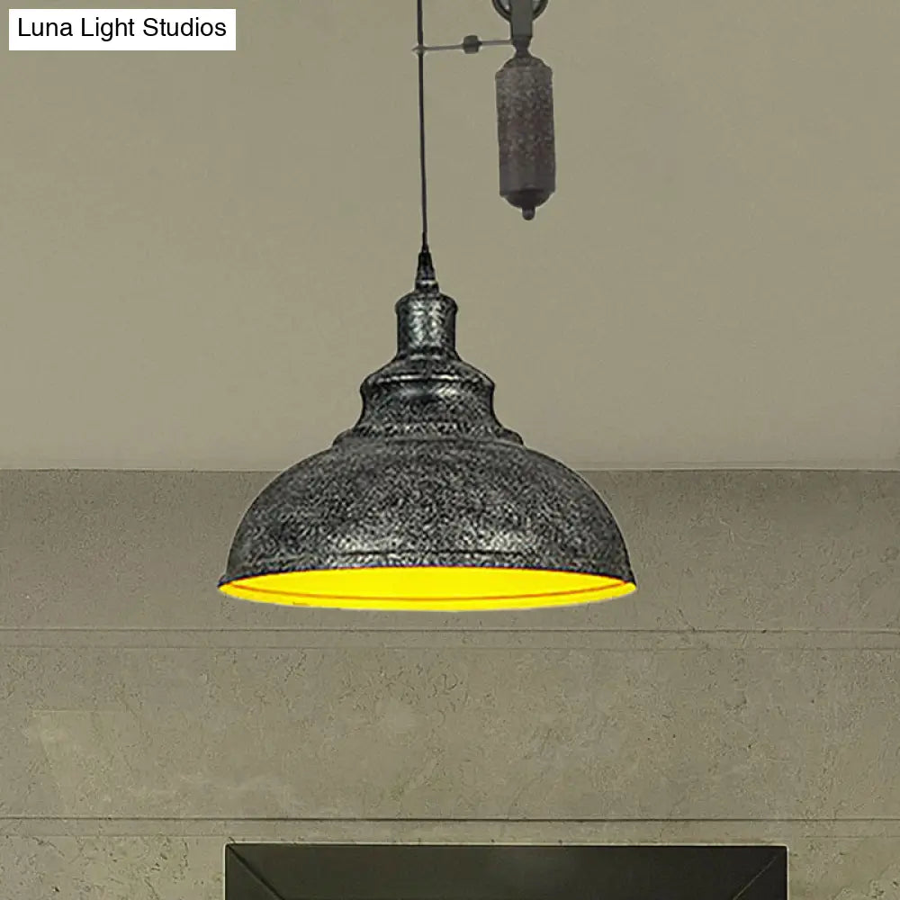 DecorBites™ Rustic Industrial Dome Pendant Lamp with Pulley - 1 Light Metal Fixture in Brown/Grey for Living Room Lighting